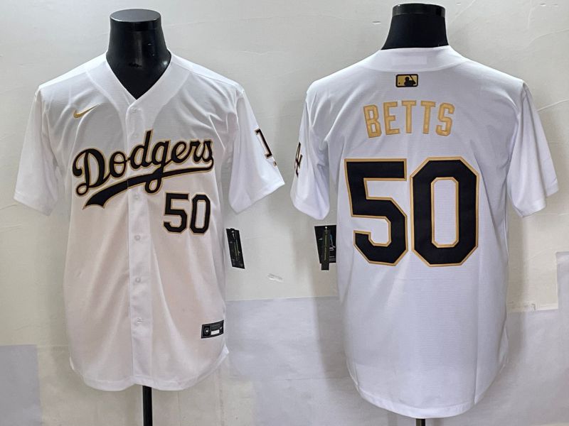 Men 2025 Los Angeles Dodgers #50 Betts White Gold Nike MLB Jersey style 6271
